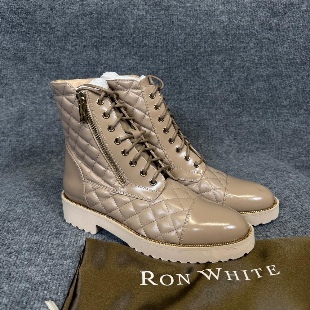 Ron White Size 38.5 US 8 Tiffany Ankle Boots Tan Lace Up Quilted Leather Combat
